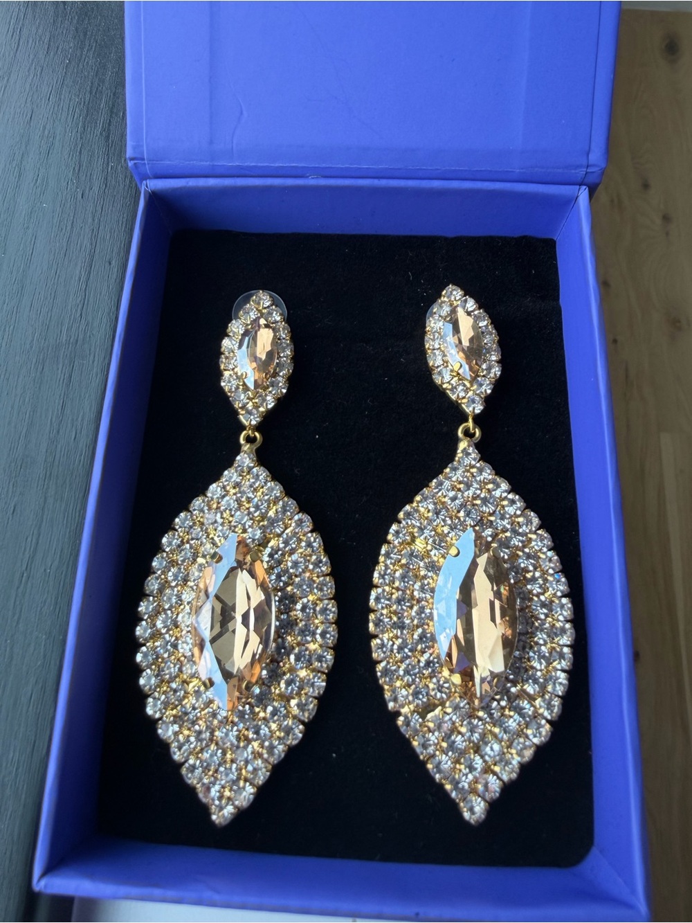 Gold-Tone Champagne Crystal Drop Pageant Earrings